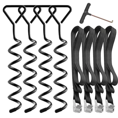 Imagen de Hodzeed 4 Juegos de estacas Anclaje Resistentes para trampolín Kit al Suelo Acero galvanizado Inoxidable jardín Campamento Columpio con Correas sólidas