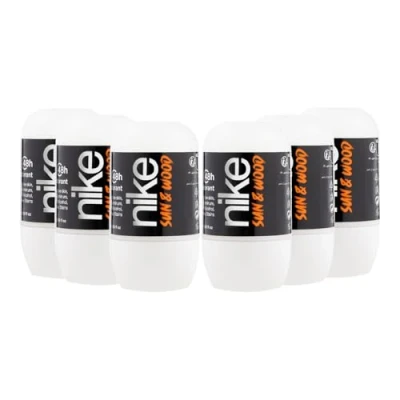 Imagen de NIKE Sun &amp; Wood, Desodorante Hombre Roll On, Pack de 6 x 50 ml, Antimanchas para Piel Sensible, 0% Alcohol y Sales Aluminio, Larga Duración, Fragancia Amaderada Frutal Ambarada