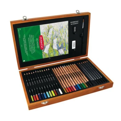 Imagen de Derwent 2300147 Set de Regalo en Caja Madera Academy, Kit Completo con 30 Lápices Colores, Pastel y Otros Accesorios, Ideal para Sketching, Colouring Watercolour