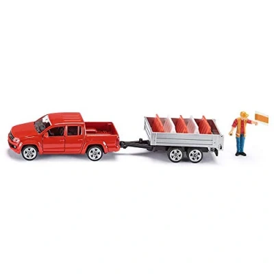 Imagen de siku 3543 Coche Pick up con remolque volquete, Incl. figura de juguete y 5 barreras tráfico, 1:55, Metal/Plástico, Rojo