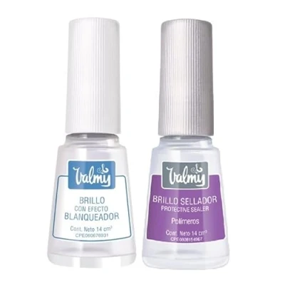 Imagen de VALMY Pack Tratamiento Blanqueador y Fortalecedor de Uñas: Brillo con Efecto + Top Coat Sellador, Esmaltes Uñas Protectores Endurecedores, 14 ml c/u (2 unidades)