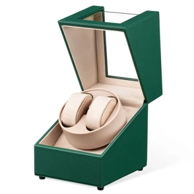 Imagen de Mcbazel Caja Giratoria para 2 Relojes,Watch Winder Automático Relojes de Pulsera con Ranuras, Diseño Piel Cocodrilo Verde