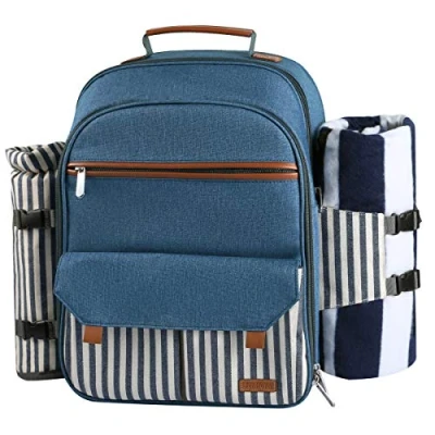 Imagen de Sunflora Mochila Picnic 4 Personas para Picnic, Cesta con Manta de Isotérmica y Compartimiento Desmontable Botella Titular Vino Camping Blosa Picnic(Raya Azul)
