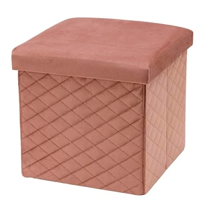 Imagen de Baroni Home Puf Taburete Contenedor Plegable de Almacenamiento Terciopelo Acolchado, Cubo Reposapiés Contenedor, 38x38x38 cm, Rosa Polvo