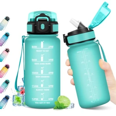 Imagen de Cantimplora 500ml, Botella con Pajita, de Agua Marcador Tiempo, Deportiva Antiderrame Reutilizable, sin BPA para Niños, Running, Cámping, Oficina, Bicicleta, Fitness