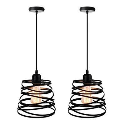 Imagen de iDEGU 2 Piezas Lámpara Colgante Moderna Creativa de Techo Interior Diseño Espiral en Cascada Metal Vintage Luz para Dormitorio Cocina Sala Comedor (20cm, Negro)