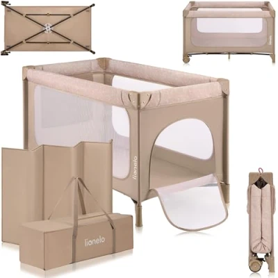 Imagen de lionelo Jasmin Easy FoldCuna de Viaje para Niños hasta 15 kg 0 a 36 Meses Colchón Espuma T25, 2 Niveles Altura, Fold, Entrada Lateral, Ruedas