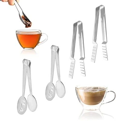 Imagen de Paquete de 4 exprimidor bolsas té acero inoxidable, colador pinzas para bolsas, agarrador mango largo, piezas sólidas y coladoras bolsitas té, cubitos hielo