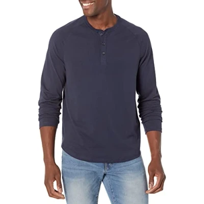 Imagen de Amazon Essentials Camiseta de manga larga con cuello Henley y corte recto (disponible en talla grandes largos especiales) Hombre, Azul Marino, L
