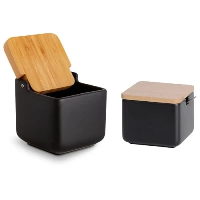 Imagen de KOOK TIME Set de accesorios cocina incluye salero con tapa basculante y azucarero original cerámica tapas madera bambú cucharilla Acero Inoxidable Negro