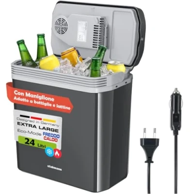 Imagen de nevera eléctrica portátil para coche de 24 litros, mini con mango ergonómico, enchufe 230 V y 12 V, modo frío caliente (color gris)