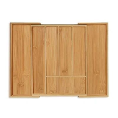 Imagen de Relaxdays Cubertero Cajón Bambú, Organizador Cubiertos Extensible, Separador 5 a 7 Espacios, 5x28,5x35,5 cm, Natural, Acero