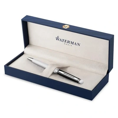 Imagen de Bolígrafo Waterman Hémisphère lacado negro y blanco con adornos de paladio punta media estuche regalo
