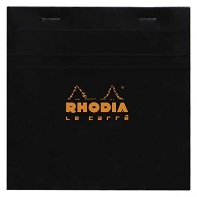 Imagen de Bloc de notas grapado y microperforado Rhodia, DIN A5, 14,8 x 21 cm, 150 hojas, 80 g, cuadrícula naranja, 4 unidades, color negro cm