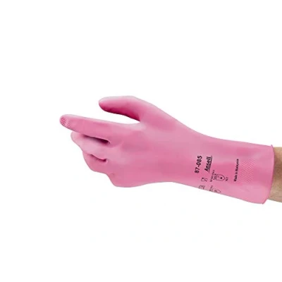 Imagen de Ansell AlphaTec 87 085 Guantes de Látex Reutilizables, Protección Química y Seguridad Alimentaria, Trabajo Multiusos, Cocina Limpieza del Hogar, Rosa, Talla S (12 Pares)