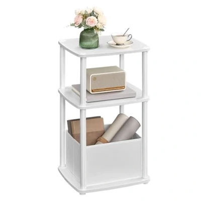 Imagen de SONGMICS HOME Mesa Auxiliar, Mesita de Noche, 3 Estantes, Cesta Tela, para Dormitorio, Sala Estar, Marco Acero, 30 x 34 58 cm, Estilo Moderno, Blanco Nieve LET286W01