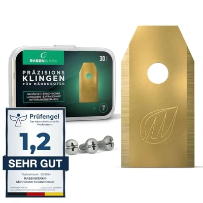 Imagen de RASENWERK® Cuchillas de recambio para cortacéspedes robóticos Husqvarna, Gardena, Yard Force con tornillos innovadores universales 30 pcs