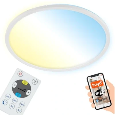 Imagen de BRILONER Luz de techo LED inteligente, lámpara redonda sala WiFi con efecto retroiluminado, regulable mando a distancia, control por voz, color blanco, Ø29,3 cm.