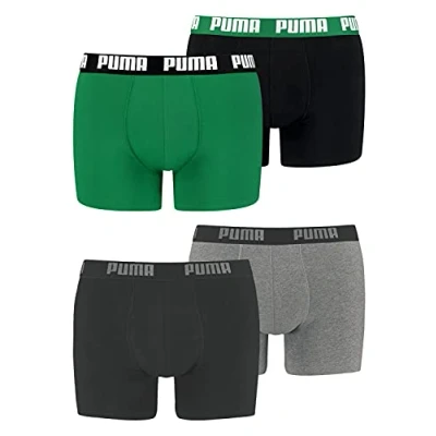 Imagen de Puma Juego de 4 calzoncillos tipo bóxer para hombre, 691 Dark Grey Melange / Black + 035 Amazon Green, M