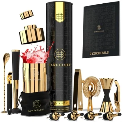 Imagen de BarDeluxe® Kit de Cocteleria 12 Piezas, Set Profesional, Juego Coctelera, Cocktail Coctelera 750 ml, Coctelería Elegante Caja Regalo, Bolsa (Oro)