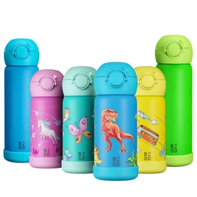 Imagen de B2DO Botella de agua acero inoxidable 316 con doble aislamiento 350 ml Blue Dinosaur Termo para niños anti fugas el colegio pajita sin BPA