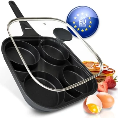 Imagen de endusor Sartén para Huevo frito y Tortitas con Tapa Sarten de 27 cm 4 hoyos protección antiadherente Todo Tipo Cocinas e Inducción divida Huevos fritos Panquecas Crepes