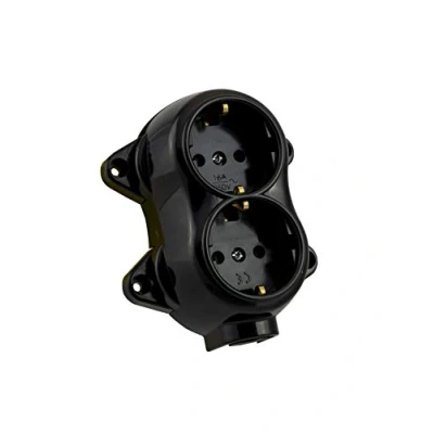 Imagen de Carcasa de interruptor luz pared vintage Schuko, redondo, retro, 2 enchufes, negro