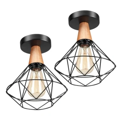 Imagen de LIGKIN 2 Piezas Lámpara de Techo Vintage Industrial E27 Lamparas Retro Plafón Jaula en Hierro Iluminación Madera Interior para Dormitorio Restaurante Pasillo Estudio, Ø22CM