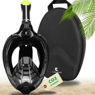 Imagen de Khroom máscara de esnórquel Segura para CO2 Probada por DEKRA Facial Completa Seaview X Buceo Adultos y niños (Negro+Soft Case, S/M)
