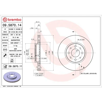Imagen de BREMBO 09.5870.14 Disco de freno 257 20 4 ventilación interna con tornillos FIAT: Punto II Hatchback, Doblo I Familiar, Cargo