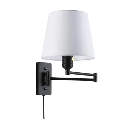 Imagen de BarcelonaLED Aplique de Pared con Brazo Articulado Negro Nórdico Moderno Cable Enchufe e Interruptor Pantalla Blanca Tela Casquillo E27 para Lectura Dormitorio Mesita Noche Hotel