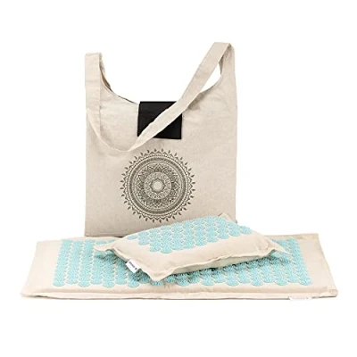 Imagen de Navaris Kit de masaje acupresión Set ecológico 1x esterilla acupuntura almohada Manta con pinchos para fibra Color azul