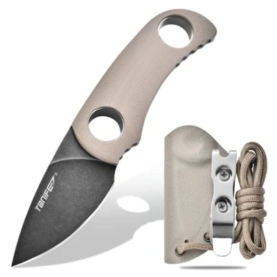 Imagen de TONIFE Cuchillo de Hoja Fija 4,7cm, Mini Cuello con Funda Kydex y Cordón, Fijo Portátil EDC para Supervivencia al Aire Libre (Arena Cálida+Óxido negro luego Stonewash)