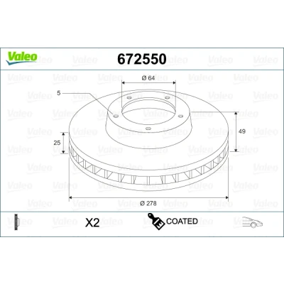 Imagen de VALEO 672550 Disco de freno Eje delantero 278 25 5 ventilado revestido FORD: Focus 2, C Max, VOLVO: S40 II, V40 Hatchback, V50