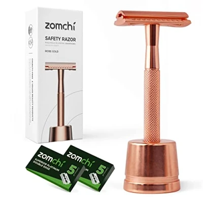 Imagen de ZOMCHI Maquinilla de afeitar seguridad para mujer, con soporte afeitadora, doble filo mango textura, cuchilla metal mujer (Oro Rosa)