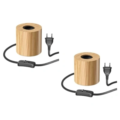 Imagen de ledscom.de 2 piezas Lámpara de mesa HITO, interruptor, madera auténtica (árbol caucho), redonda, marrón claro, 1x E27 máx. 60W