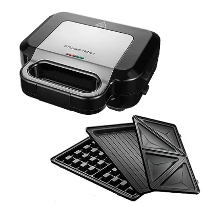 Imagen de Russell Hobbs Sandwichera 3 en 1, Placas Extraíbles para Gofres, Bocadillos y Grill, Antiadherente, Apto Lavavajillas, Calentamiento Rápido, Indicador Luminoso, 750 W, Acero Inoxidable Negro, 26810 56