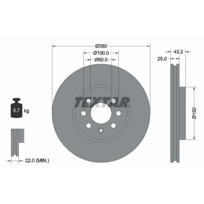Imagen de TEXTAR PRO 92129303 Disco de freno 280 25 04/07 100 ventilación interna revestido sin perno sujeción rueda, buje rueda OPEL: Astra H GTC