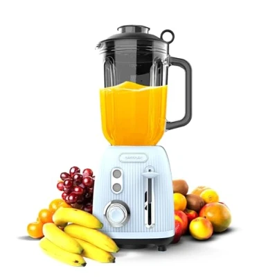 Imagen de Cecotec Batidora de Vaso Power Black Titanium RetroBlue. 1200W, jarra 1.5L, 2 velocidades, función Pulse, cuchillas titanio, motor copper, diseño retro y eficiente.