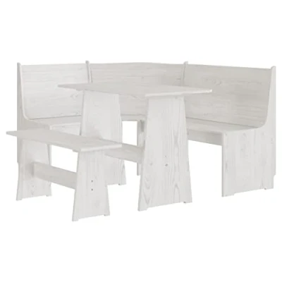 Imagen de vidaXL Juego de Comedor 3 pzas, Banco Esquina con Respaldo, Mesa Cena, Mueble para Cocina Hogar, Madera Maciza Pino Blanco