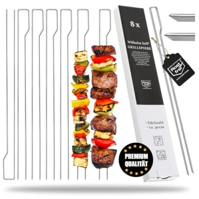 Imagen de Wilhelm Sell® 8X brochetas para Parrilla con Mango shashlik de 30 cm Puntas Dobles Fijar Carne, Pescado y Verduras brocheta Doble Barbacoa Acero Inoxidable 430
