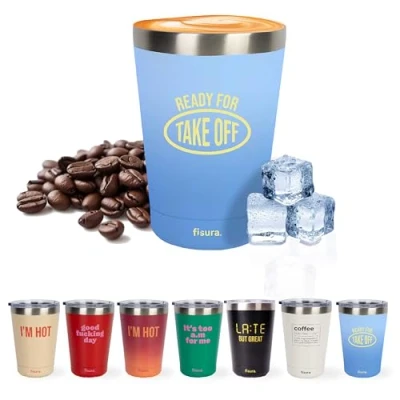 Imagen de Fisura Vaso termo original “Ready. café para llevar azul. Taza de 310 ml. térmica acero inoxidable. Libre BPA. coche.
