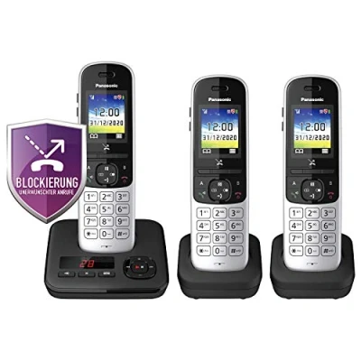 Imagen de Panasonic Teléfono inalámbrico KX TGH723GS con contestador automático, juego de 3 unidades (teléfono DECT, baja radiación, pantalla a color, bloqueador llamadas, llamadas manos libres) negro