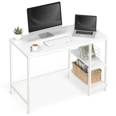 Imagen de VASAGLE Escritorio, Mesa de Ordenador, con 2 Estante a la Izquierda o Derecha, para Oficina, Dormitorio, Estructura Acero, Moderno, Blanco Arce LWD047W44