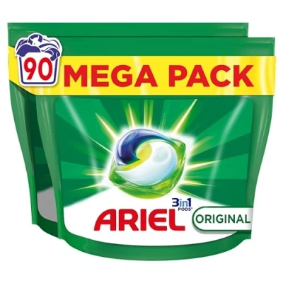 Imagen de ARIEL PODS Todo en 1 Detergente Lavadora Liquido Capsulas/Pastillas, 90 Lavados, Original, Jabon 5 Acciones para una Limpieza Brillante Frio
