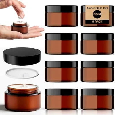 Imagen de volila Tarros Cosmeticos en Vidrio Ámbar con Tapas Caja de 8 Piezas 30 ml Cada Una Botes Para Cremas y Lociones Insertos Blancos, Crema, Vacios Rellenar