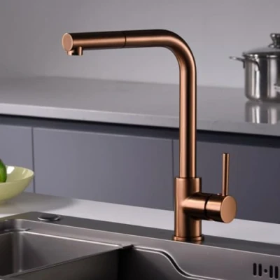 Imagen de IMEX Grifo de Cocina Extraible Monomando Fregadero Griferia con Mangera Flexible 360º Serie Malta Color Oro Rosa Cepillado