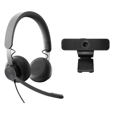 Imagen de Logitech WIRED VIDEO COLLABORATION KIT, Pack de Auricular con cable Zone y cámara C925e, audio/vídeo profesional para la videocolaboración en el puesto (tele)trabajo, Grafito