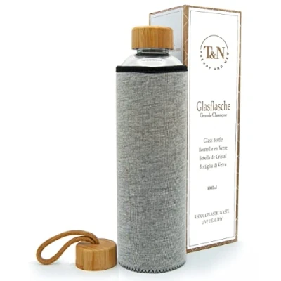 Imagen de T&amp;N Botella de cristal 1 litro vidrio 1l con funda neopreno agua a prueba fugas borosilicato más grueso Jarra