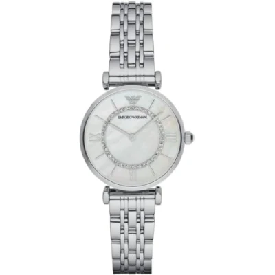 Imagen de Emporio Armani Reloj de mujer, movimiento dos manecillas, caja acero inoxidable plateado 32 mm con correa inoxidable, AR1908, Tono plata y gris perla